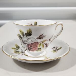 Queen Anne, Floral Bone China Teacup & Saucer with Gold Trim